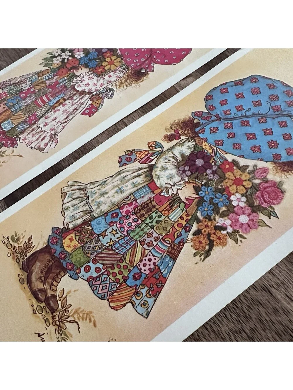2 Vtg 1970 Holly Hobbie Decoupage Ephemera Red Blue Bonnet Print 4.5”X 10.5” Amy